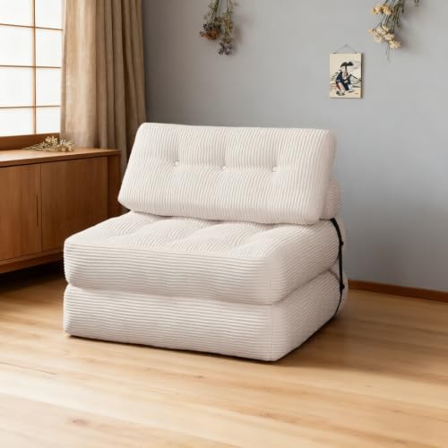 折りたたみソファベッド 枕付き コンバーチブルスリーパーチェア マットレス付き ポータブル 折りたたみ式チェアベッド 快適なフロアソファラウンジ リビングルーム・寝室用 省スペース 多機能 一人掛け (オフホワイト, 1席)