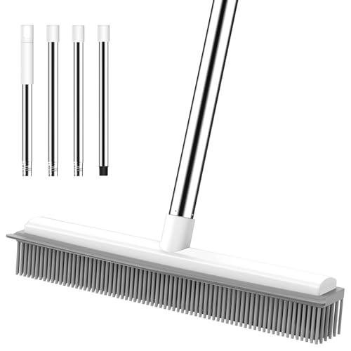 nacena Rubber Broom, 2 in 1 Pet Hair Removal Broom with Squeegee 51-in Adjustable Long Handle Carpet Broom for Cleaning Carpet Hardwood Floor Tile Window, Grey&White