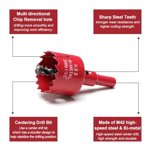 Image of 1-1 /2 Inch Hole Saw for Wood, 38mm HSS BI-Metal Hole Saw for Recessed Lighting, 30mm Cutting Depth Hole Cutter with Hex Shank Drill Bit Adapter for Cornhole Boards Plastic Drywall Fiberboard, Red