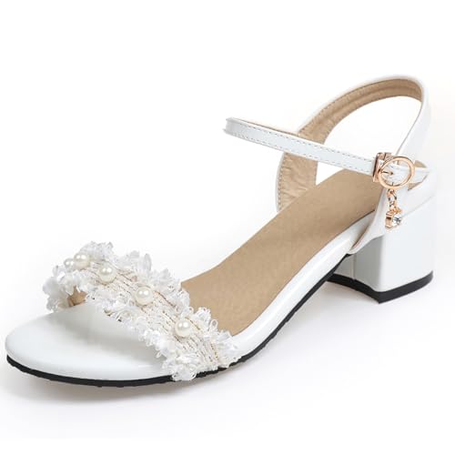 OALEEN Sandales Femme Eté Petit Talon Carré Bride Cheville Perles Vernis Bout Ouvert Confortable Chaussures Soirée Mariage Blanche 41