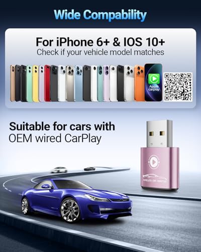 Image of vnilrgle CarPlay Wireless Adapter for Apple iPhone(2026 Upgraded) Bluetooth Dongle Convert Wired to Wireless Adapter for CarPlay, Plug and Play, Auto Connect Fast and Stable(Pink)
