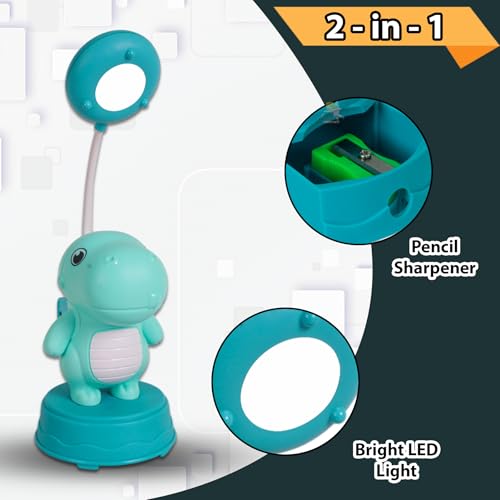 Image of WISHKEY 2-in-1 LED Desk Lamp with Pencil Sharpener, Dino Theme Study Desk Lamp with Base Stand, 3 Light Modes, Rechargeable, 360 Flexible Hose Table Lamp for Kids, Multicolor (Pack of 1)