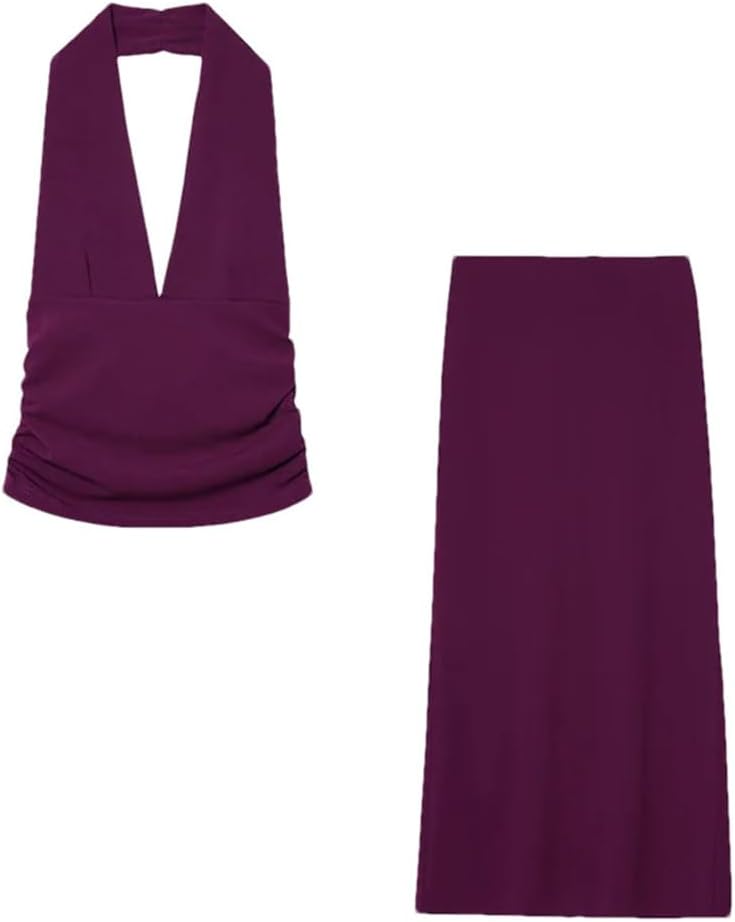 Women's Summer 2 Piece Set Outfit Halter Backless V Neck Top and Elastic High Waist Midi Skirt Set