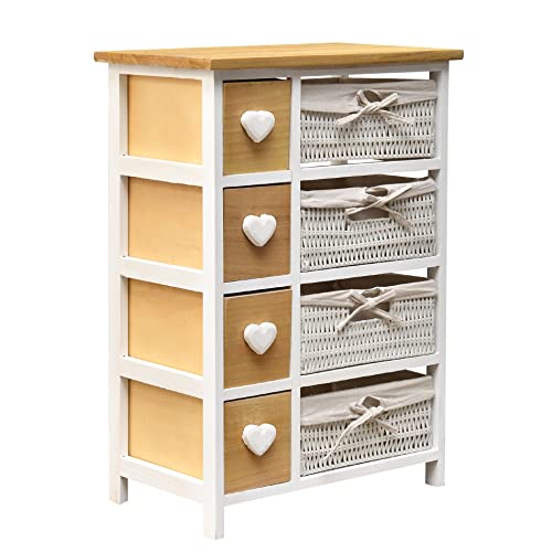 Rebecca Mobili Mehrzweckschrank aus Hoz Weidenkörbe, Badkommode Vintage, mit 8 Schubladen, Weiß, Griff Herzform – Maße: 71 x 51 x P 30 cm (HxLxB) - Art. RE4356