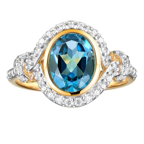 3Ct 925 Sterling Silver Oval London Blue Topaz with Halo White Zircon Two Tone Statement Rings for Women 5-103