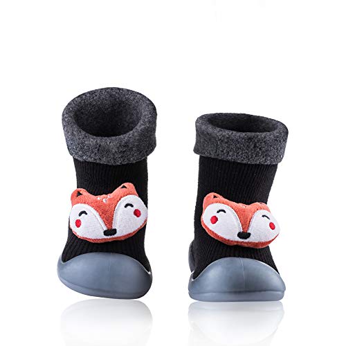 Baby Toddler Non-Skid Sock Shoes Booties with Soft Soles, Crew Winter Warm Thick Indoor Slippers for Infant Kids Boys Girls (Black Fox, 3.5-4 Toddler)