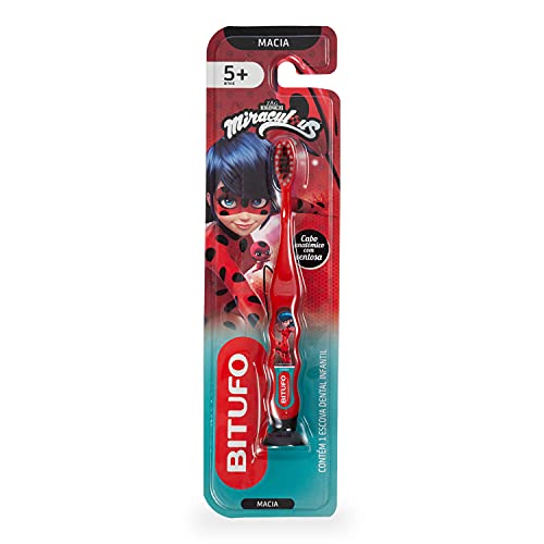 Escova de Dente Infantil Bitufo Miraculos Ladybug e Cat Noir Macia para a partir de 5 anos, Bitufo
