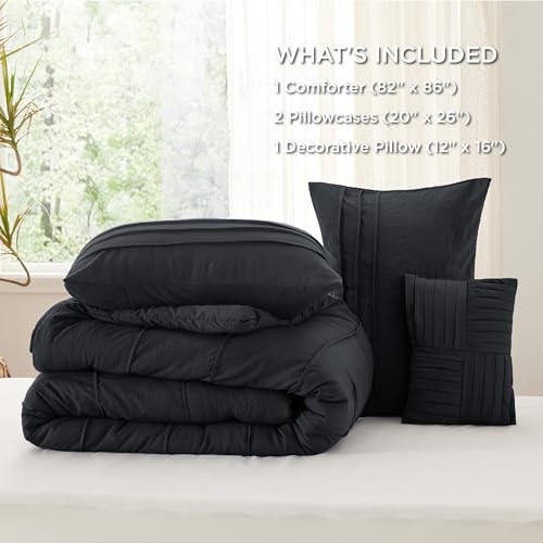 Image of Bedsure Full Comforter Set - 4 Pieces Pinch Pleat Bed Set, Black Boho Bedding for All Season, 1 Soft Comforter, 2 Pillowcases, 1 Decorative Pillow