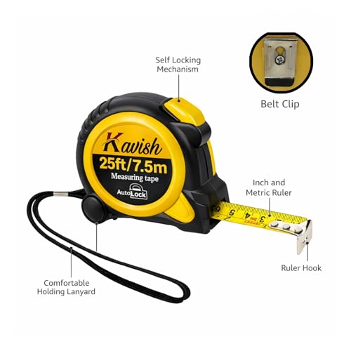 25ft/7.5m Kavish Measuring Tape Auto-Lock, Dual Scale Inch & Metric, Heavy-Duty Rubber Grip, Durable Steel Blade, Professional Measuring Tool for Construction, Carpentry, DIY & Home Use
