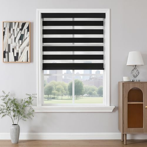 Joydeco Cordless Zebra Blinds for Windows, Dual Layer Light Control Window Blinds with Light-Proof Aluminum Cover, Free-Stop Roller Shades for Home & Office (Custom Size,Black)