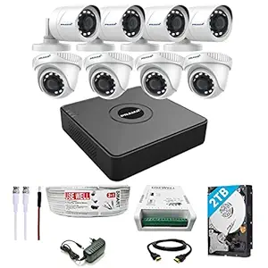 Prama 2MP Full HD CCTV kit with 8 Channel DVR + 4 Outdoor & 4 Indoor Cameras + 2 TB HDD + USEWELL Wire/SMPS, and Required Accessories, Motion Detection Black