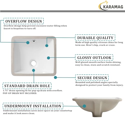 KARAMAG 14 Inch Small Undermount Bathroom Sink Rectangle Undermount Sink White Ceramic Under Counter Bathroom Sinks with Overflow (14.4"x12.7") - Thumbnail 7