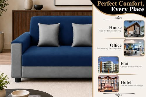 Image of Modern 3 Seater Sofa | Contemporary Upholstered Couch | Premium Cushioned Seating | Stylish Armrest Design | Comfortable Sofa for Living Room, Bedroom & Office - Blue + Grey Color