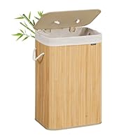 SONGMICS Wäschekorb mit Deckel, 72 Liter, Wäschesammler aus Bambus, faltbar, Wäschesack herausnehmbar und maschinenwaschbar, mit Griffen, für Waschküche, Schlafzimmer, naturfarben LCB10Y