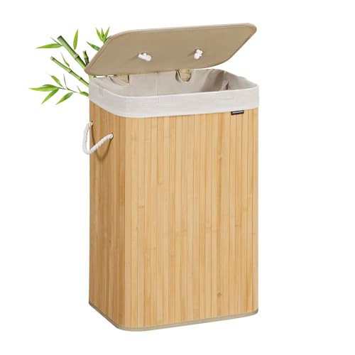 SONGMICS Wäschekorb mit Deckel, 72 Liter, Wäschesammler aus Bambus, faltbar, Wäschesack herausnehmbar und maschinenwaschbar, mit Griffen, für Waschküche, Schlafzimmer, naturfarben LCB10Y