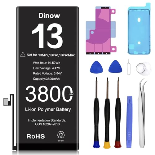 Dinow Batería de iPhone-13, batería de Iones de Litio incorporada de Alta Capacidad de 4500 mAh, batería de Recambio para iPh-One 13 (A2633, A2482, A2631,A2634, A2635) con Herramienta de reparación Dinow Batería de iPhone-13, batería de Iones de Litio incorporada de Alta Capacidad de 4500 mAh, batería de Recambio para iPh-One 13 (A2633, A2482, A2631,A2634, A2635) con Herramienta de reparación