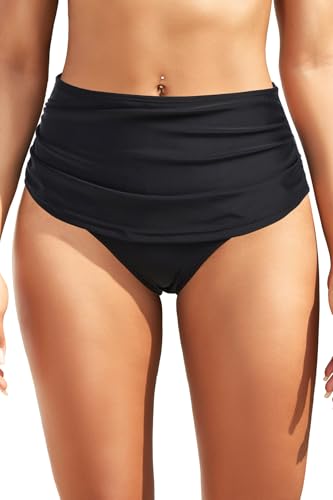 Zmart Women High Waisted Bikini Bottoms - Full Coverage Swim Bottom Ruched Tummy Control Bathing Suit Swimsuit 2025