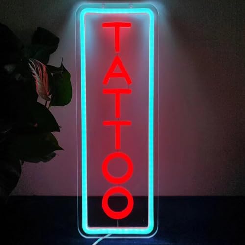 Image of Dimmable Tattoo Neon Sign,LED Reusable Neon Signs,Arylic Ice Blue Tattoo Shop Sign with Dimmer for Tattoo Salon, Studio, Shop Plaque,Tattoo Gifts for Friends,16x5.9in(Ice Blue+Red)