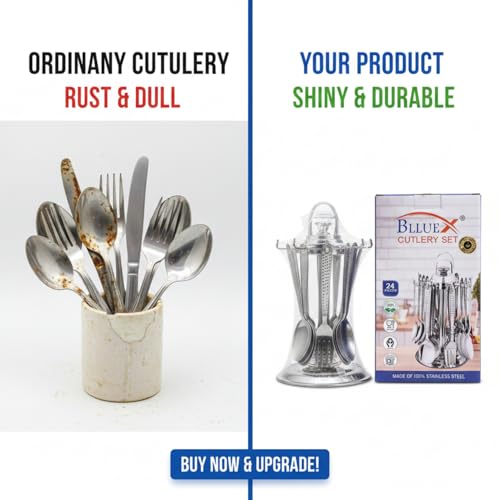 Image of Premium Stainless Steel Cutlery Set for Dining Table, 24 Pieces with Stand | Spoon & Fork Set Includes Dinner Spoons, Dinner Forks, Tea Spoons & Soup Spoons | Mirror Finish Flatware Set
