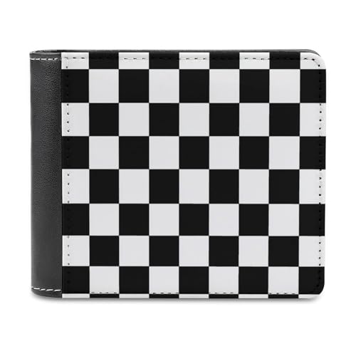 Black And White Chessboard Pattern Soft PU Leather Bifold Wallet, Coin Purse Credit Pass Case, Durable Card-Holder Slim Billfold for Men Woman Money Storage