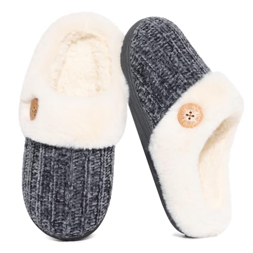 Image of Evshine Warm Knit House Slippers for Women Comfy Wool-Like Lined Chenille Slippers with Memory Foam and Indoor Outdoor Soles
