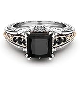 Gixaxak Black Gem Vintage Ring 925 Silver Cut Black Onyx Ring Marcasite Black Cubic Zirconia Ring...