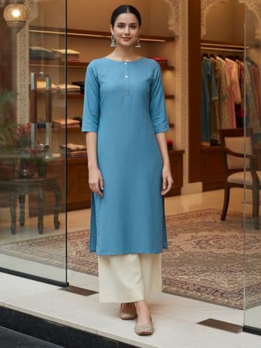 Image of Saanjh Women's Fit Straight Cotton Blend Long Kurta, 3 /4 Sleeve, Knee Length Kurtis, Casual and Office Wear