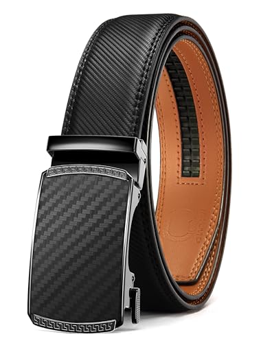 Image of Chaoren Leather Ratchet Belt 2 Pack Dress with Click Sliding Buckle 1 3 /8 inch in Gift Set Box - Adjustable Trim to Fit