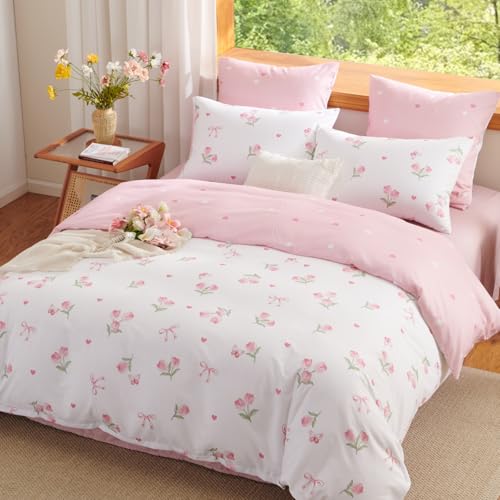 Tospass Mädchen Bettwäsche 200x200 Weiß Rosa Tulpen Blumen Bettwäsche Set – Ansicht 2