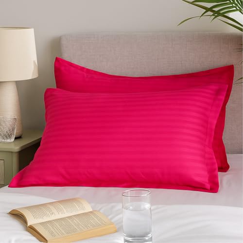 Image of 180 TC Pillow Cover Set of 2 | Pillow Cover Cotton 100% | Pillow Cover Set of 2 King Size | Wrinkle Free & Fade Resistance | Striped Pattern | Standard Size | All Season Use (Magenta)