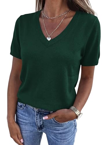 PRETTYGARDEN Womens Short Sleeve Sweaters V Neck Business Casual Tops Lightweight Sweater Shirts 2026 Summer Spring Outfits (Dark Green,XX-Large)