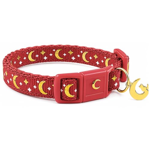 Image of waaag Cat Collar, Gold Moons and Stars Cat Collar, Safety Breakaway Cat Collar with Bell, Glow in the Dark (Kitten 6.5 inch-10 inch Neck, Scarlet)