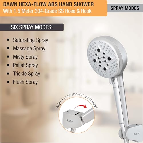 Image of Ruhe Dawn Multi-Functional Hexa-Flow Modes ABS Hand Shower | Hard Water Softner Filtered Handheld Shower with 1.5 Meter 304-Grade Stainless Steel Hose & Hook