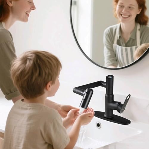 CHOMELY Single Hole Rotatable Bathroom Faucet with Temperature Display in Fahrenheit (Batteries-Free) 3 Water Modes 360 Degree Rotating Sink Faucet, Matte Black — view 3