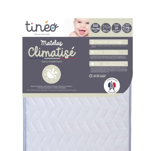 TINÉO - Matelas Climatisé 70x140x10cm - Matelas Bébé - Climatisé - 1 Face Été - 1 Face Hiver - Sans Traitement - Densité 16 kg/m3 - Fabriqué En France