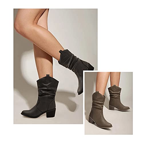 Katliu Women's Western Cowboy Boots With Pull-Up Tabs Mid-Calf Boots Low Heel Brown #TOP2