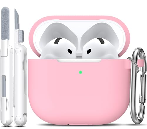 R-fun for Airpods 4th Generation Case Cover with Cleaner Kit Soft Skin Silicone Casewith Keychain Full Protective Case for Men and Women Compatible with Apple Latest Airpods 4 2024 Pink
