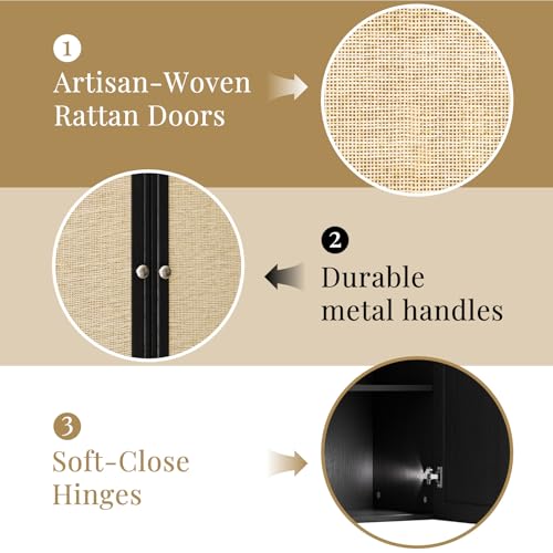 Image of Laundry Room Cabinets with Lights, 24INCH Bathroom Cabinets Wall Mounted with Adjustable Shelves, Rattan Wall Cabinet for Bedroom, Kitchen, Bathroom (2PCS, Black)
