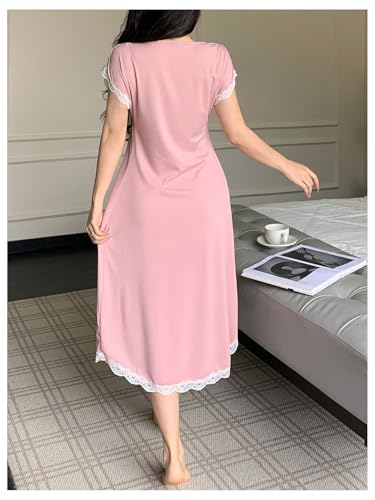 SHENHE Women's Lace Trim Short Sleeve Nightgown Bowknot V Neck Coquette Sleepshirt Lounge Dress3