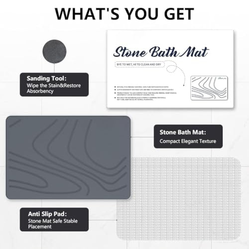 Image of SUTERA Rubber- Stone Bath Mat, Diatomaceous Earth Shower Rectangular Shape Mat, Non-Slip Super Absorbent Quick Drying Bathroom Floor Mat, Natural, Easy to Clean (Dark Grey Wave)