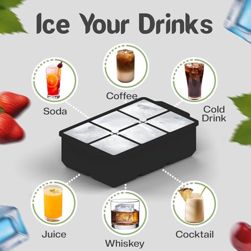 Image of popfizz Large Silicone Ice Cube Tray, Easy Release Big Ice Cubes - Cocktail, Whiskey Ice Cubes Mold - Ice Trays for Freezer with Lid - Stackable Silicone Ice Tray - Black