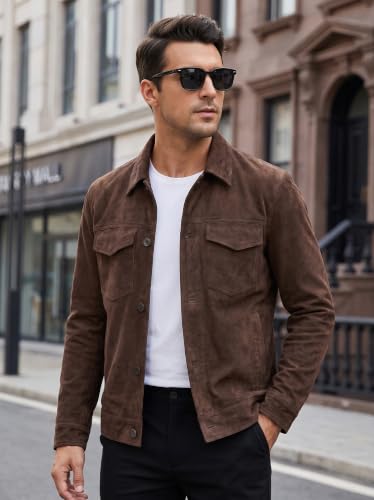 Image of Men's Suede Leather Jacket Real Lambskin Suede Casual Leather Jackets For Men Suede Trucker Coat for Mens