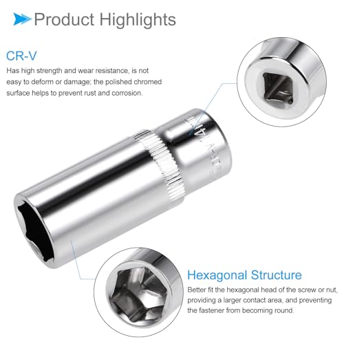 Image of 6-Point Socket, 1 /4 inch Drive 14mm Deep, Polished Chromed CR-V Metric Deep and Shallow Impact Socket - (Applications: for Ratchet Torque Electric Wrenches Car Repair), 2-Pieces