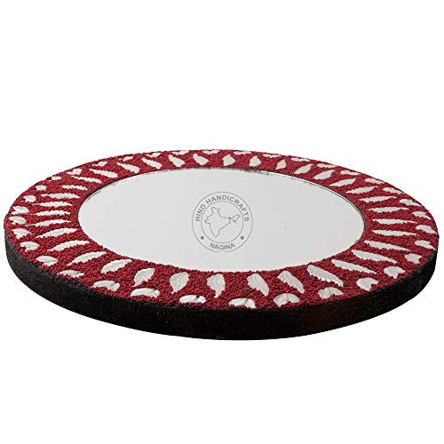 Image of Round Wall Mirror - Rustic Accent Mirror for Bathroom, Entry, Dining Room, & Living Room, Metal Round Mirror with Thin Wooden Frame, Maroon, 12 inch x 12 inch