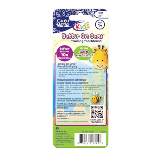 Image of GuruNanda Kids Butter On Gums Cute Giraffe Toothbrush with Tongue Scraper & Cover - Super Soft Bristles for Gentle Cleaning -Ergonomic Handle (Age 1+) (Pack of 6)