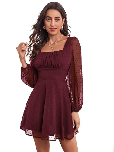 Image of Women's Polka Swiss Dots Square Neck Dress Lantern Long Sleeve Dress for Women Chiffon Mini Dress