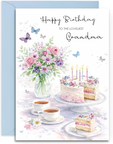 Grandma Tea & Cake Birthday Card - Pretty - Afternoon Tea - Birthday Card For Her - A5 Size Card with Blue Envelope