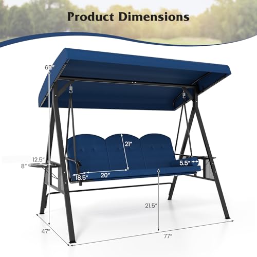 Image of Tangkula 3 Person Porch Swing, Outdoor Swing with Adjustable Canopy, Thickened Cushions & Pillow, Metal Frame, Foldable Side Tray for Backyard, Garden and Poolside (Navy)