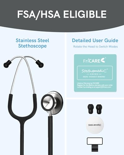 Image of FriCARE Dual Head Stethoscope - Stethoscopes for Nurses, Medical Nursing Students, Paramedics /EMT /LVN /VNA Backup Estetoscopio, Black Tube, Stainless Steel Chestpiece
