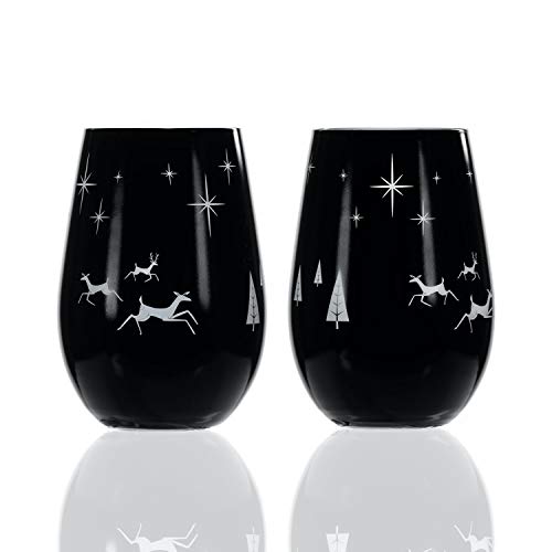 Wonderland Stemless Wine GlassCandle Votive - Set of 2 Tumbler Wine Glasses - Lead-Free Glass - Christmas Etched Stemless Wine Glasses